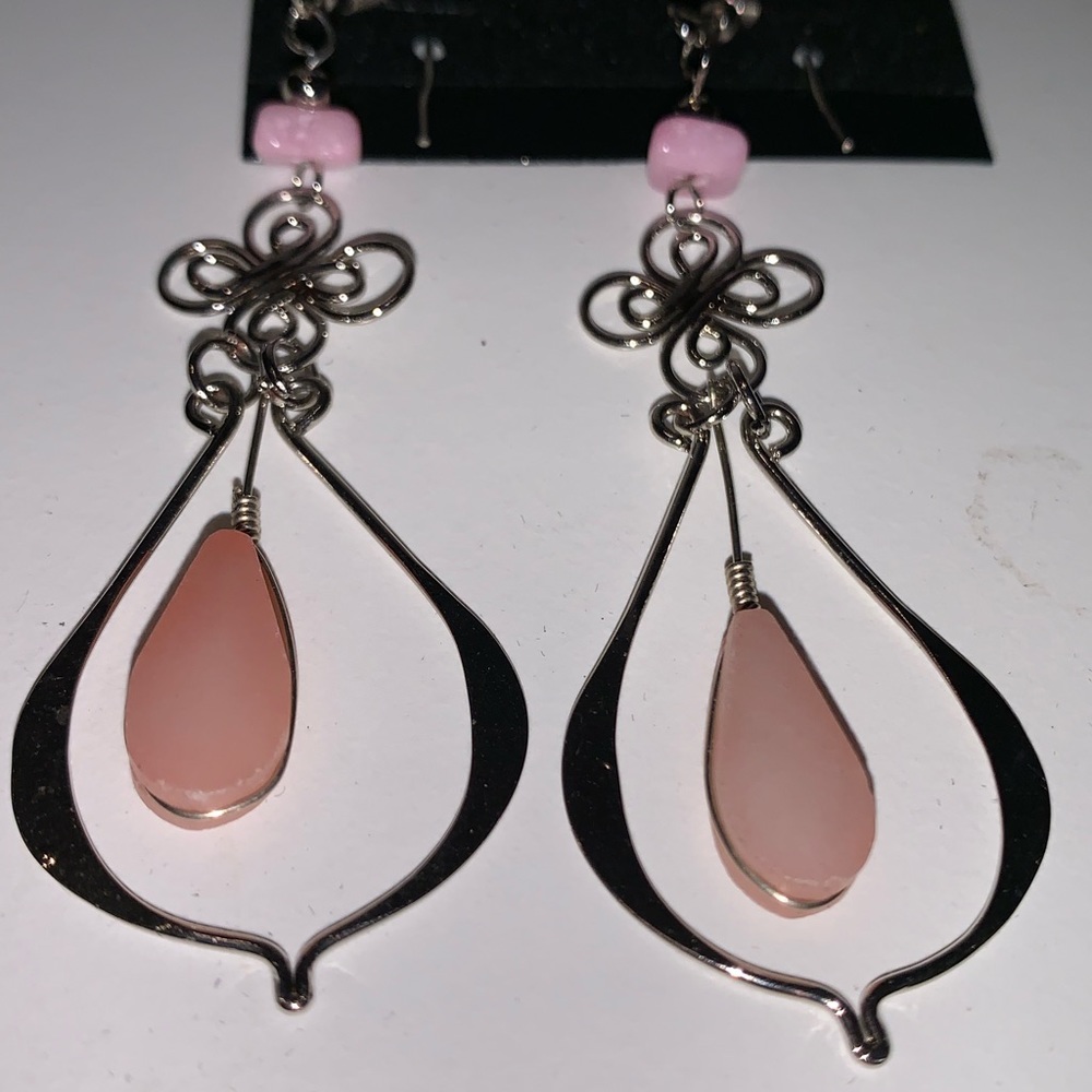 Pink quartz and German Silver teardrop earrings.